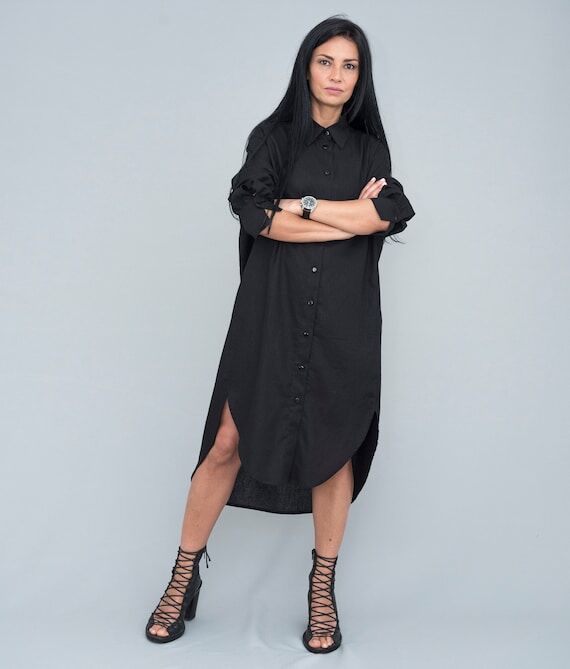 Black Linen Shirt Dress with pockets K220617...
