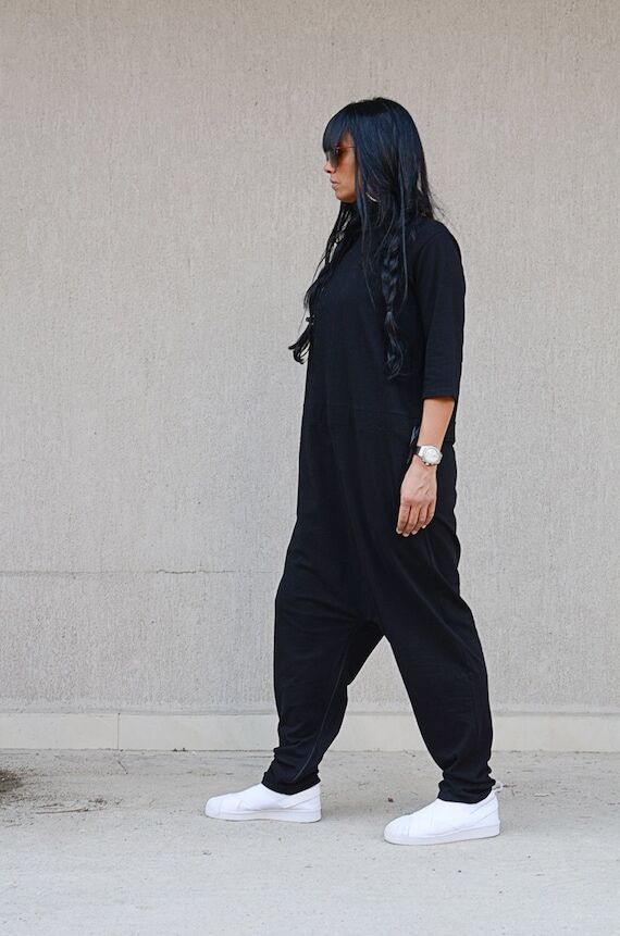 Black Harem Romper: Loose Fit Cotton Jumpsuit...