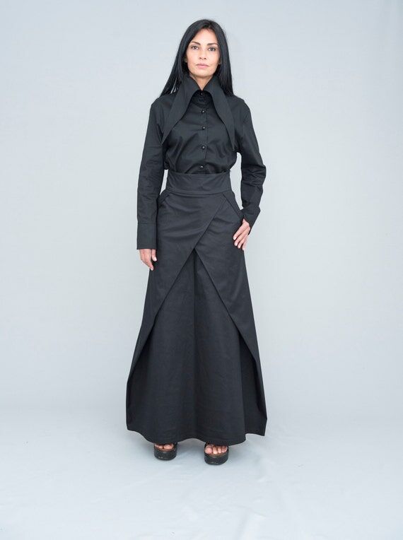 Black Maxi Skirt: High Waist Cotton Avant Gar...