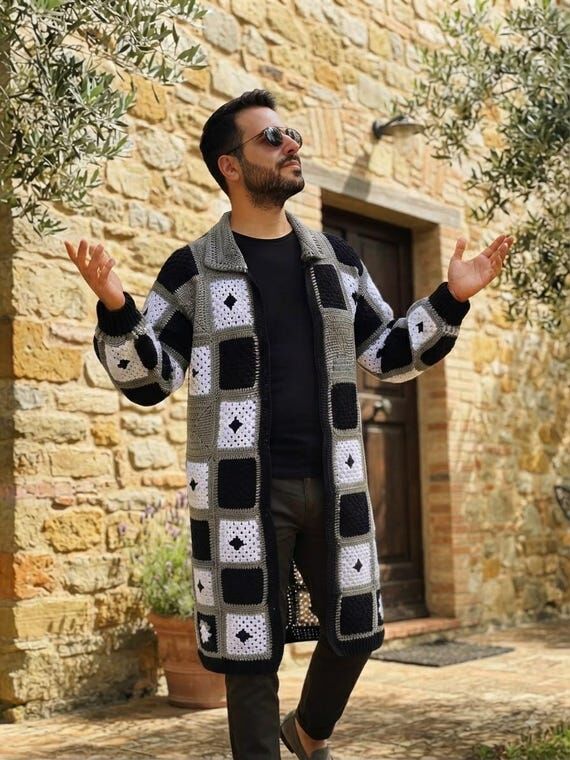 Handmade Crochet Mens Cardigan, Black and Gre...