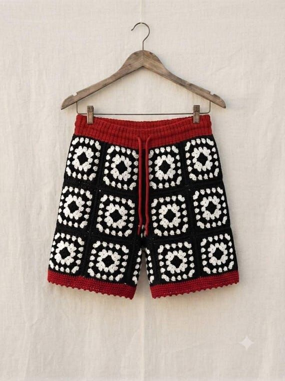 Handmade Crochet Granny Square mens Shorts, B...