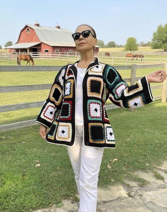 Crochet Granny Square Colorful Cardigan: Boh...