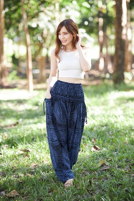 Boho Harem Pants Women in Dark Blue - Flowy Y...