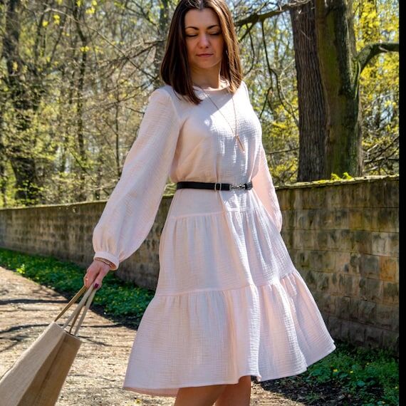 Peach Muslin Cotton Dress, Long Sleeve Boho G...