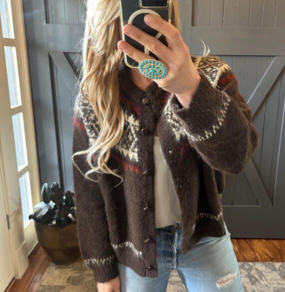 Handmade Fair Isle Knit Cardigan: Cotton Wool...