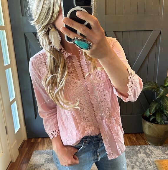 Pink Lace Blouse: 3/4 Sleeve Boho Handmade To...