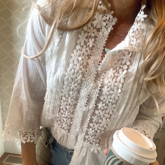 White Lace Blouse: Women's 3/4 Sleeve Boho To...