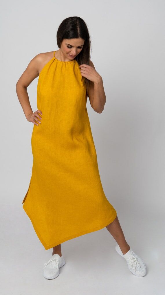 Mustard linen dress for women | Sleeveless su...