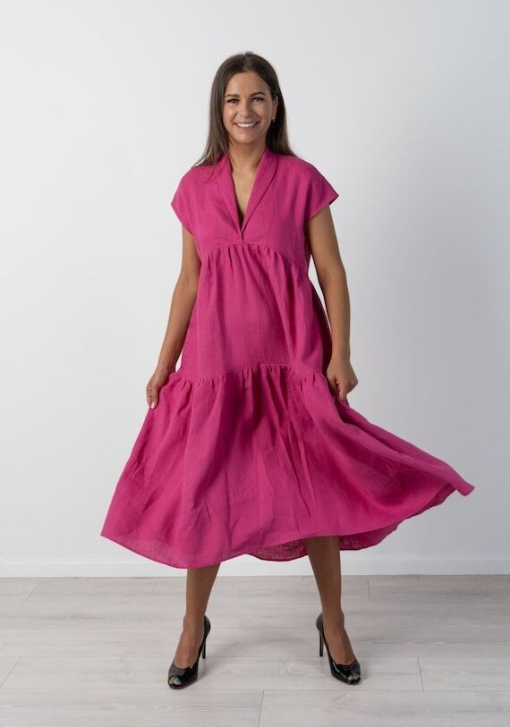 Pink linen dress for women | Loose summer mid...