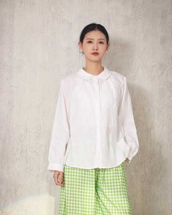 Long Sleeves Peter Pan Collar Linen Shirt Ove...