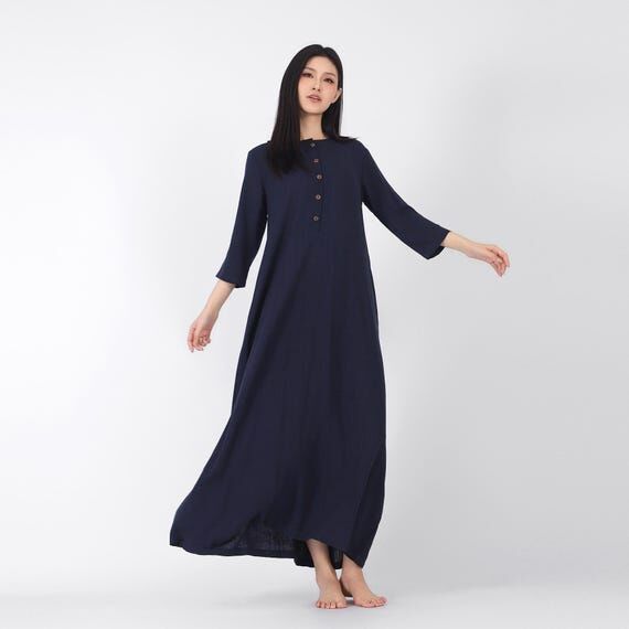 Women's linen cotton dress 3/4 sleeves dress ...