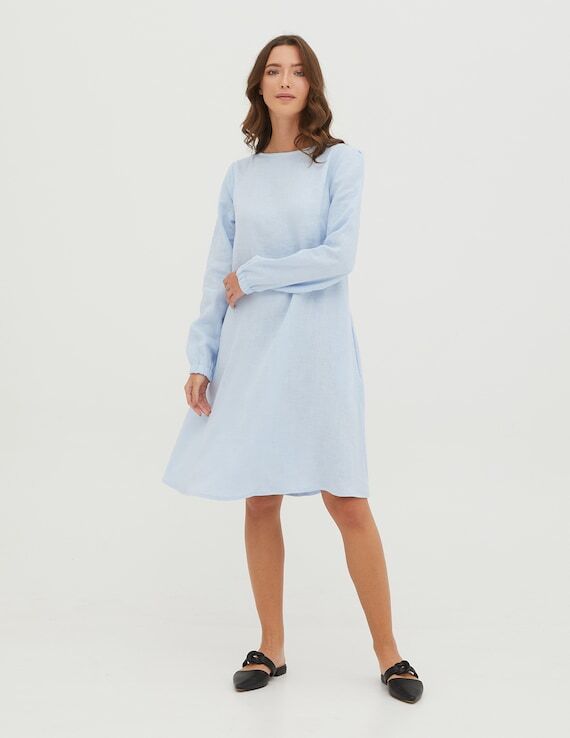 SIMONA Light blue linen dress with puffed sle...