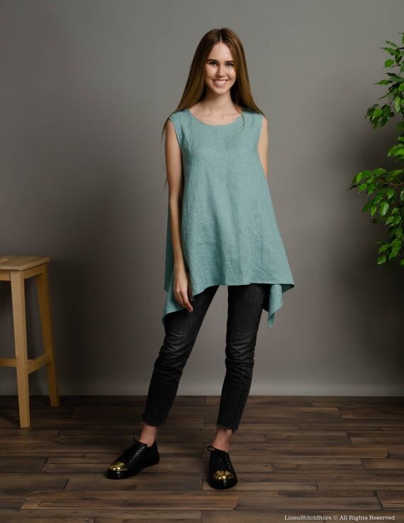 LAURA asymmetric linen tunic, electric blue l...
