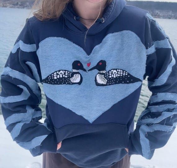 Love Birds Loon Upcycled Patchwork Hoodie - M...