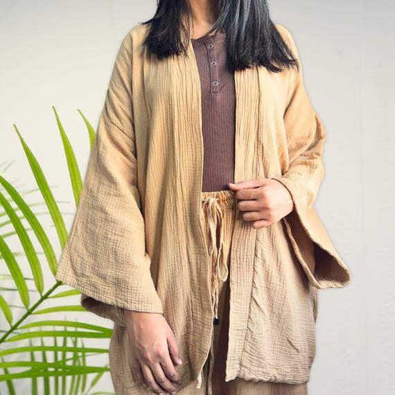Women Double Gauze Cotton linen Kimono Cardig...