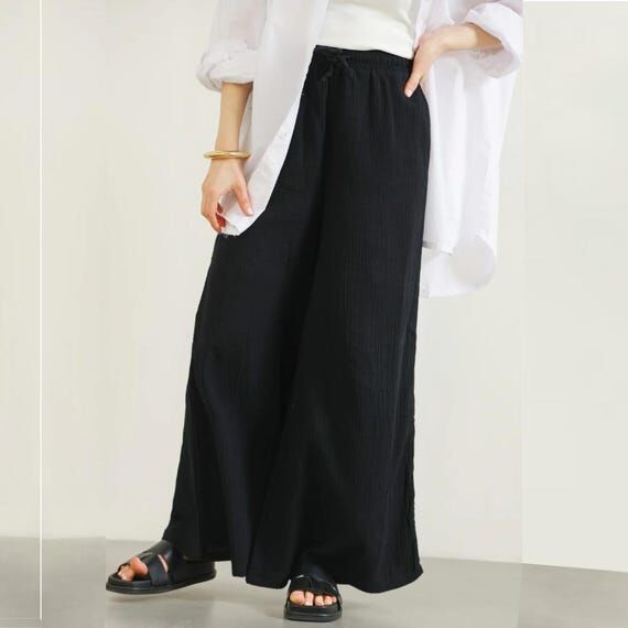 Women Elastic Waist Cotton Gauze Palazzo Pant...