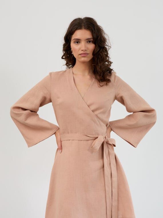 Linen wrap dress, long sleeve kimono mini, ma...