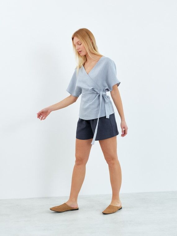 Linen wrap top, kimono style, short sleeve | ...