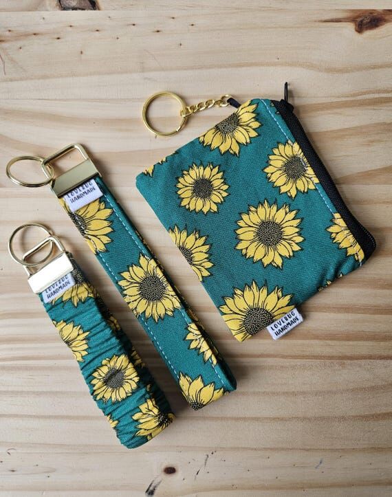 Sunflower Wristlet Keychain with Wallet Pouch...