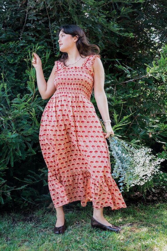 Ruffle Strap Midi Dress Cotton Block Print Sm...