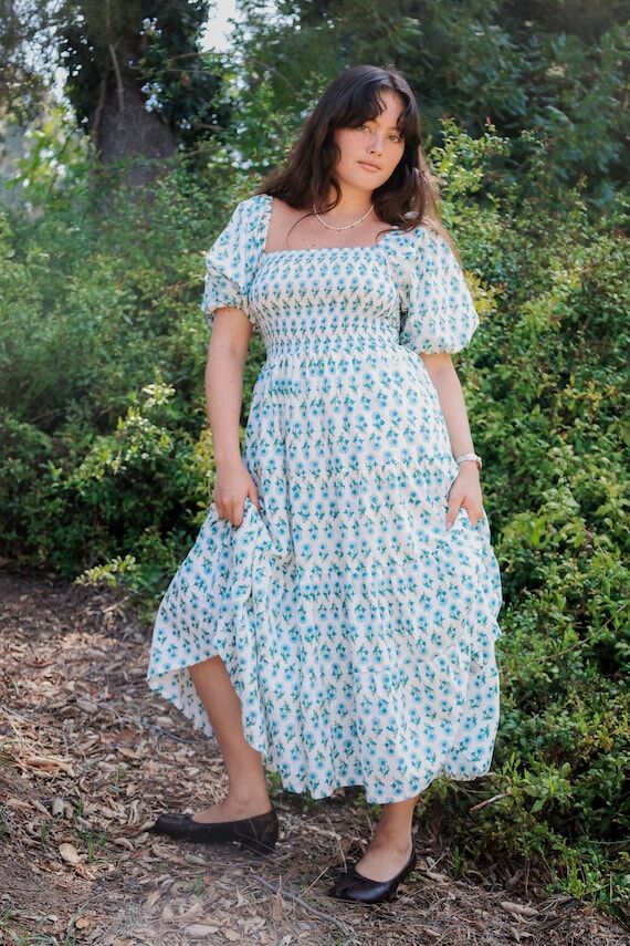 Puff Sleeve Midi Dress Block Print Cotton Shi...