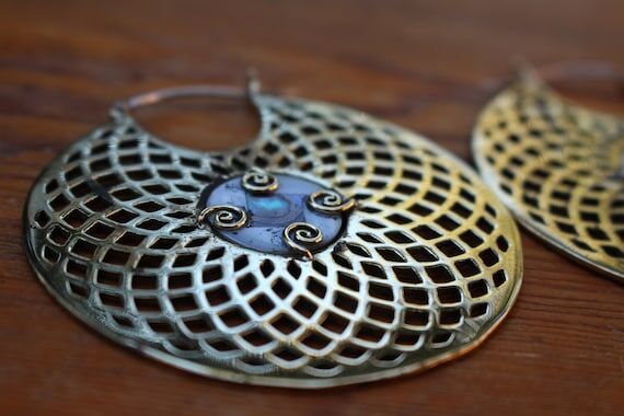 Handmade Brass Hoop Earrings, Abalone & Sacre...