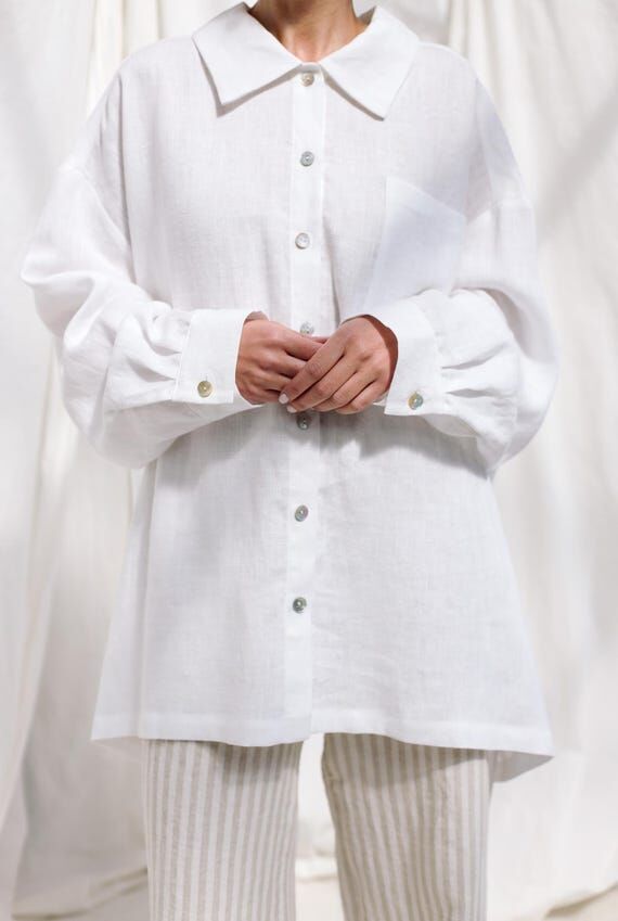 Oversized Linen Long Sleeve Button Up Shirt...