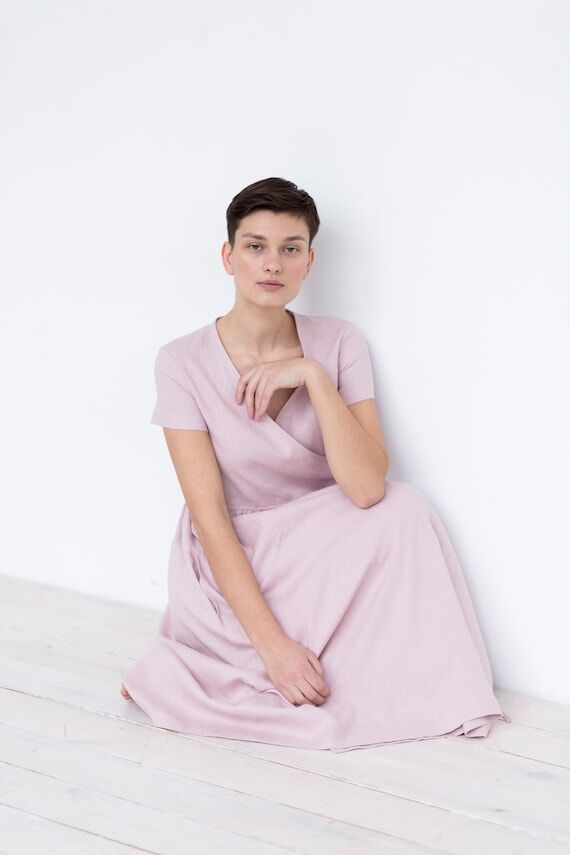 Linen Short Sleeve V-Neck Wrap Dress Handmade...