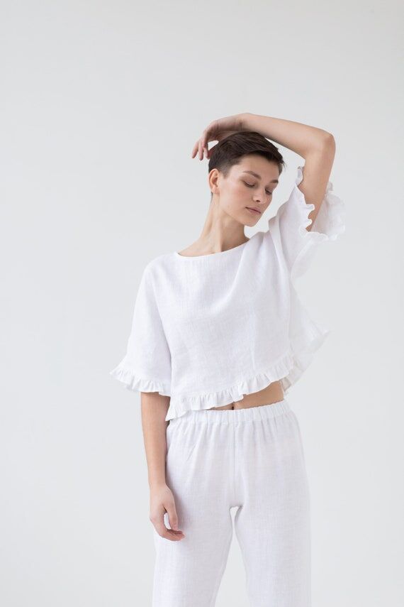 Linen Sleepwear Set - Ruffled Blouse & Trouse...