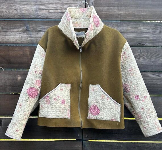 Upcycled Vintage Wool & Quilt High Collar Cho...