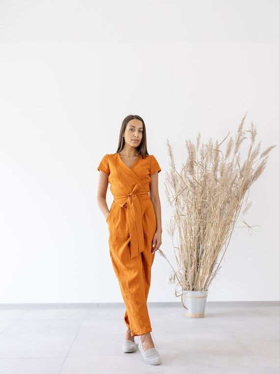 Women's Linen Jumpsuit / Linen Wrap Jumpsuit ...
