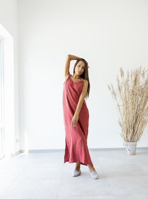 Linen Maxi Dress Monserrat / Spaghetti Strap ...