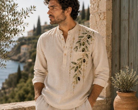 Men’s Hand Painted Linen Blend Shirt, Olive...