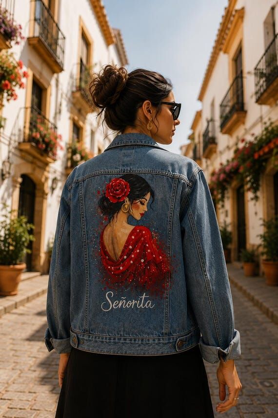 Hand Painted Denim Jacket, Flamenco Spanish W...