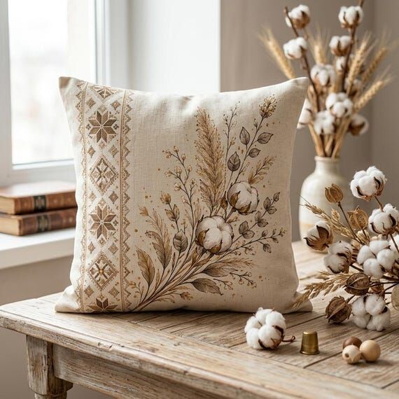 Hand-Painted Linen Throw Pillow – Botanical...