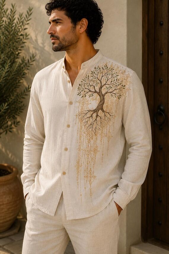 Men's Hand Painted Linen Blend Shirt, Tree of...