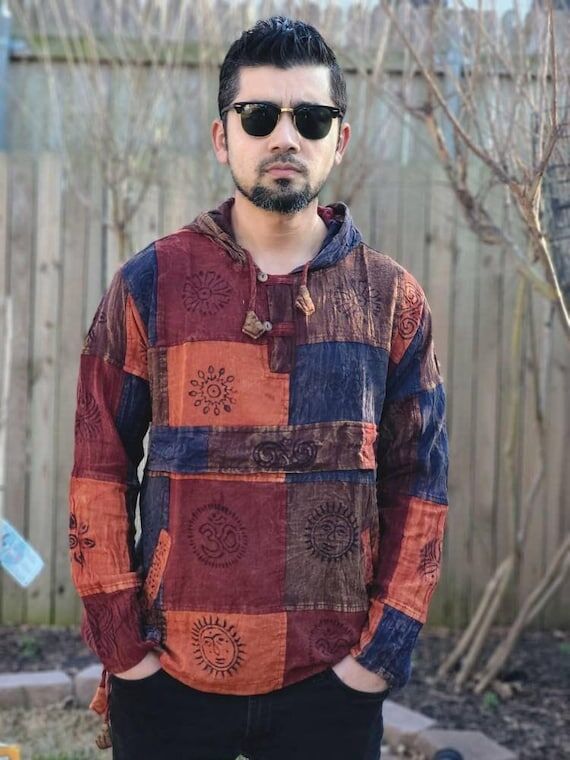 Patchwork Cotton Hoodie: Unisex Hippie Stonew...