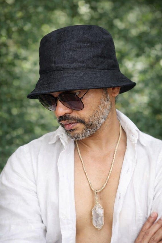 Men's Black Linen Bucket Hat: Lightweight Sum...