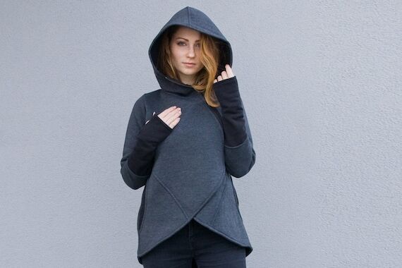 Asymmetrical Brown Hoodie, Thumb Hole Sleeves...