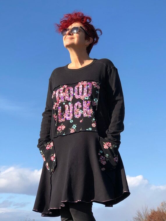 Upcycled Black Tunic Dress, Good Luck Sequins...
