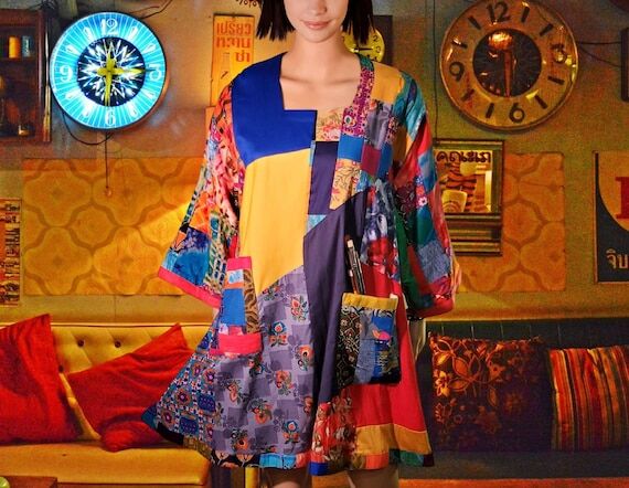 M-3XL upcycled clothing hippie boho dress par...