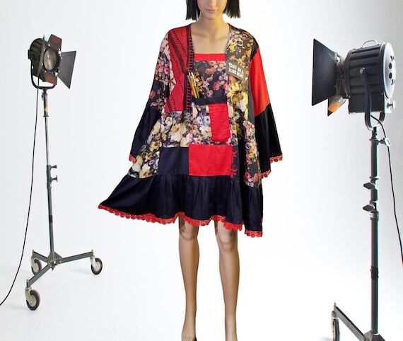 Red & black dress bohemian eco boho M-L-to 3X...