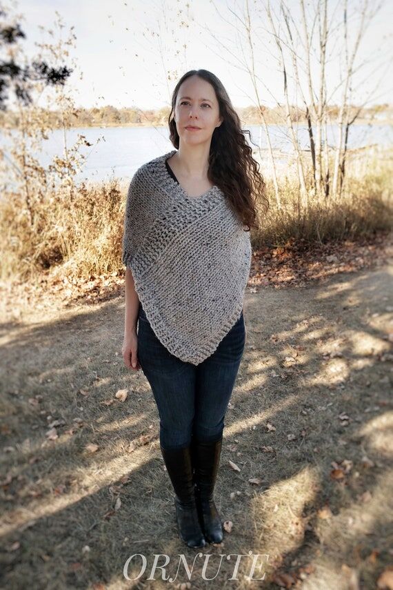 Hand Knitted Wool Triangle Poncho Top: Chunky...