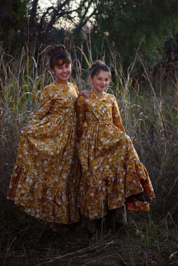 Girls Mustard Floral Prairie Dress, Long Slee...