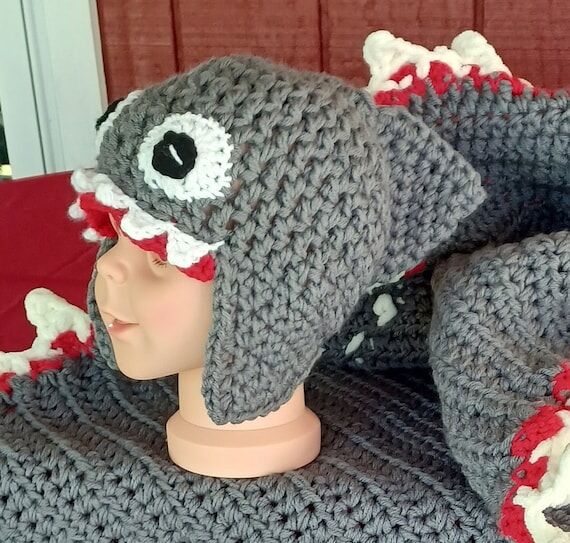 Handmade Crochet Shark Beanie: Gray Knit Kids...