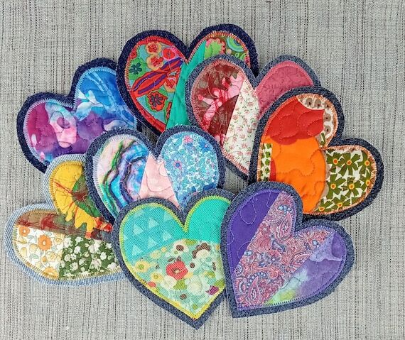 Handmade Heart patch, Boho Fabric applique, d...