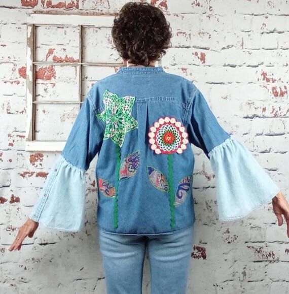 Boho denim shirt with flower doilies, upcycle...