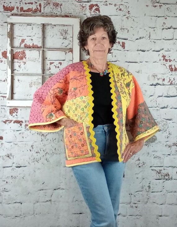 Retro quilted blanket coat with birds, upcycl...