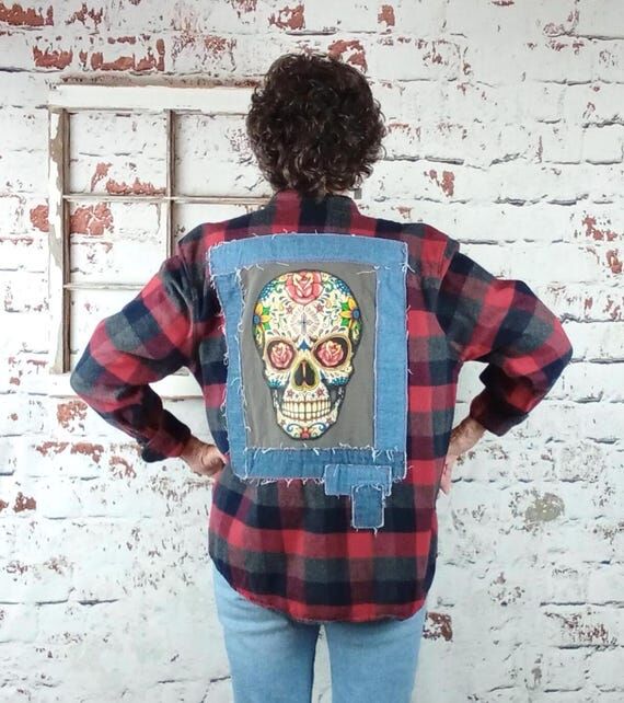 Upcycled flannel shirt with colorful skull, g...