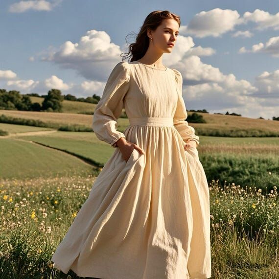 Rustic Linen Maxi Dress Long Sleeve Prairie S...